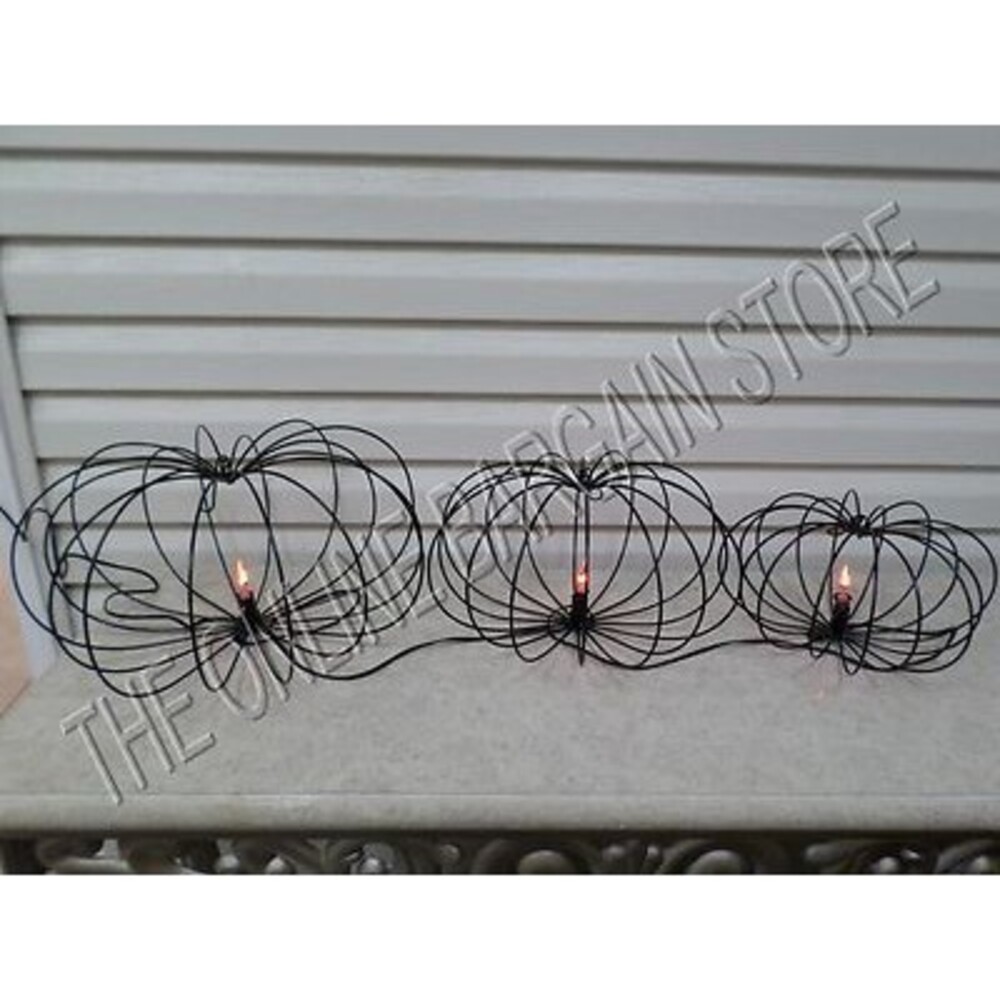 Grandinroad Halloween Set 3 Flicker Flame Wire Pumpkins Silhouette Decor Party